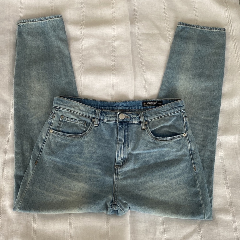 BlankNYC light wash, high rise tapered leg denim.